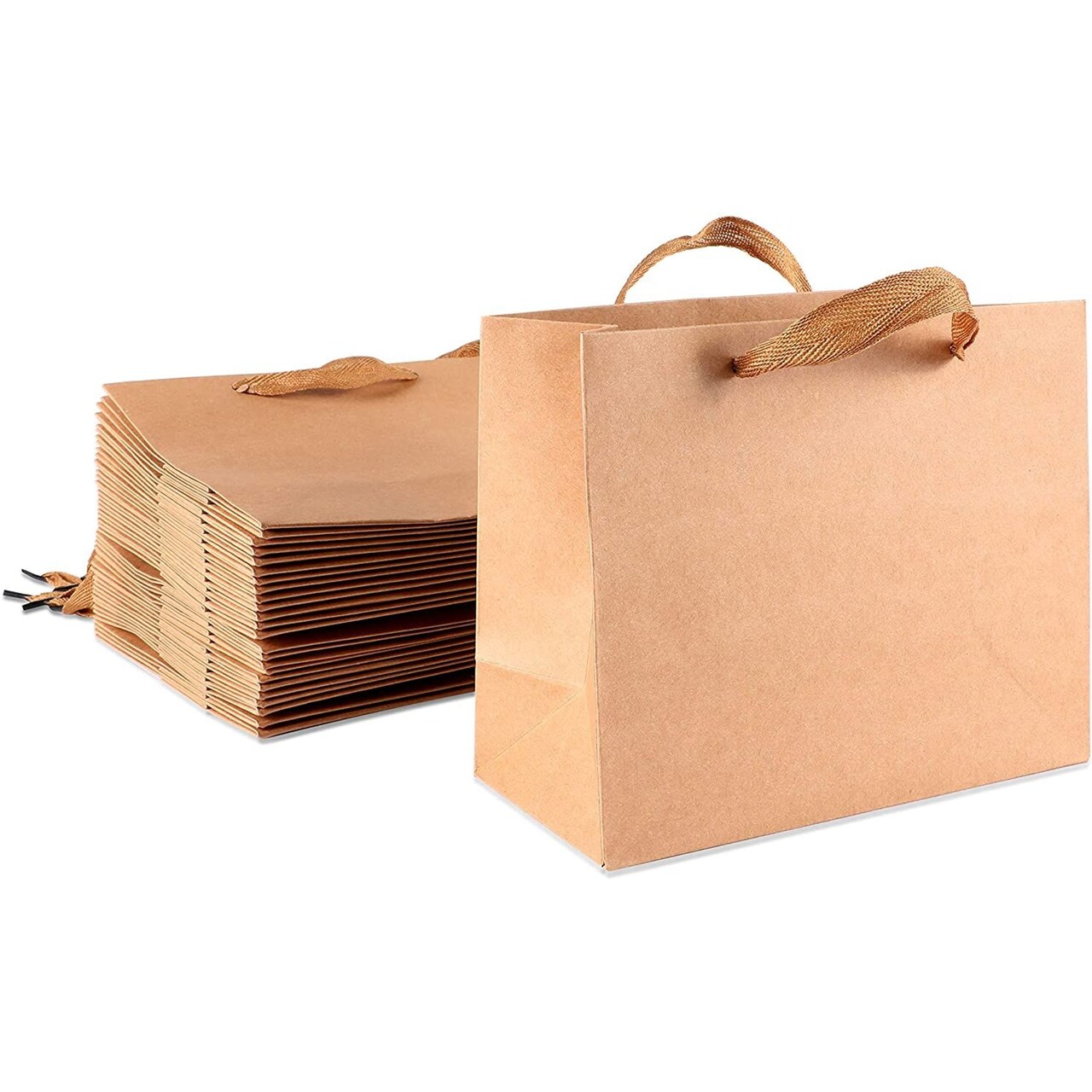25 Pack Brown Kraft Paper Gift Bags with Soft Cloth Handles, Birthday Party Favor Shopping Bag, 8.6x7x3.9 in.
